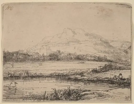 Canal with an Angler and Two Swans, by Rembrandt