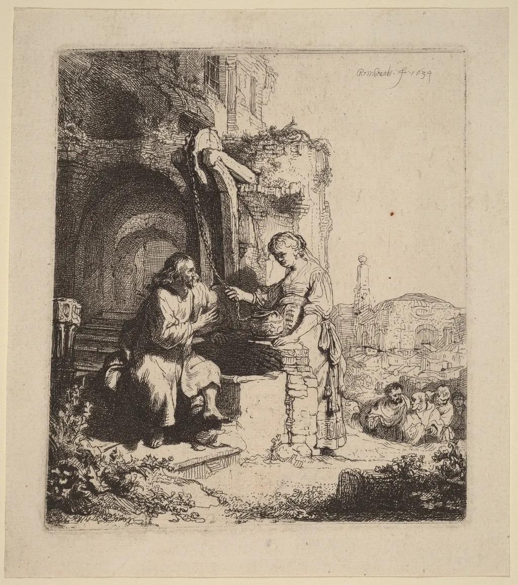 Christ and the Woman of Samaria Among Ruins, by Rembrandt, ink, 1634