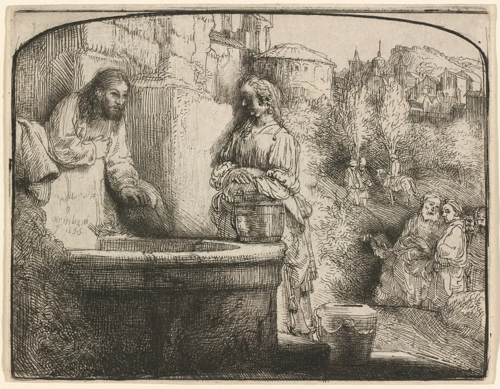 Christ and the Woman of Samaria: an Arched Print, by Rembrandt, ink, 1658