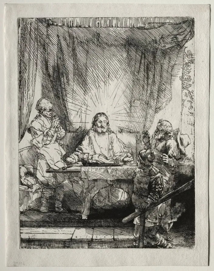 Christ at Emmaus: The Larger Plate, by Rembrandt, 1654