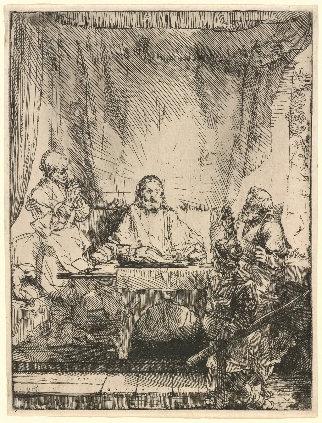 Christ at Emmaus: the Larger Plate, by Rembrandt, ink, 1654