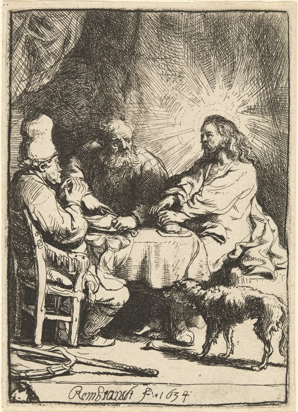Christ at Emmaus: the Smaller Plate, by Rembrandt, ink, 1634