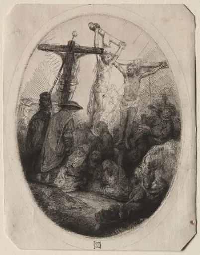 Christ Crucfied Between Two Thieves:  An Oval Plate, by Rembrandt