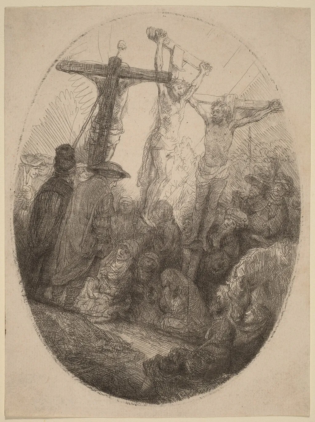 Christ Crucified between the Two Thieves: an Oval Plate, by Rembrandt, ink, 1641