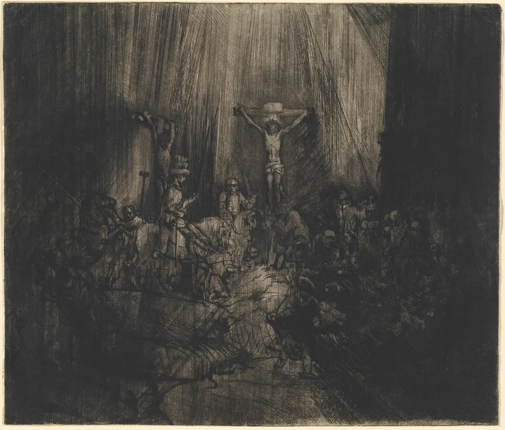 Christ Crucified between the Two Thieves (The Three Crosses), by Rembrandt, ink, 1653