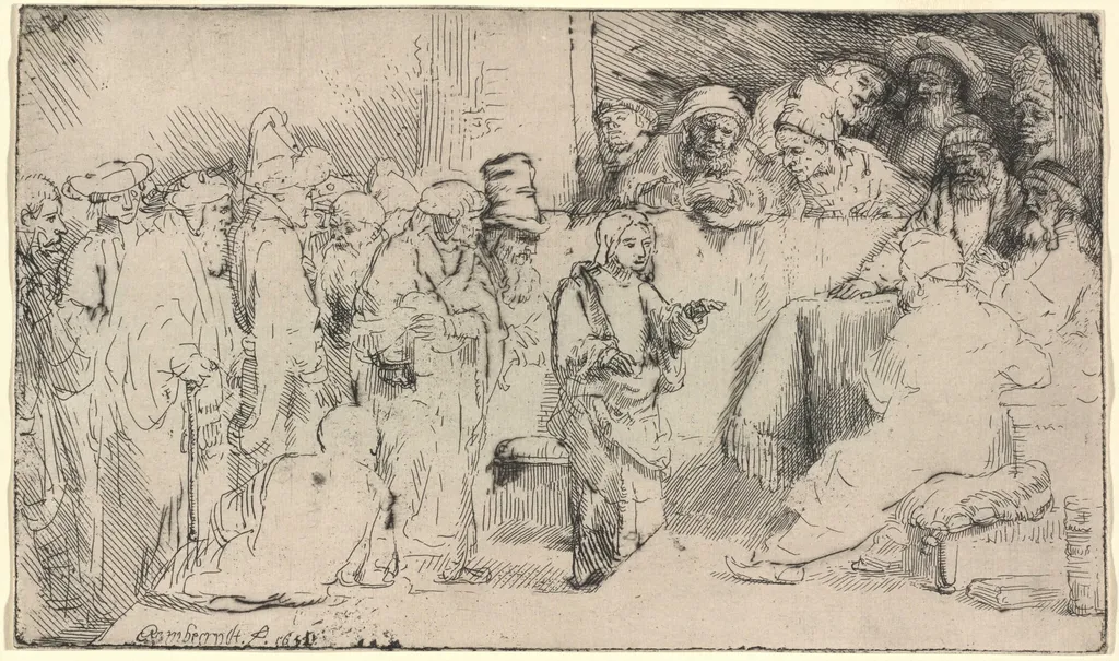 Christ Disputing with the Doctors: a Sketch, by Rembrandt, ink, 1652