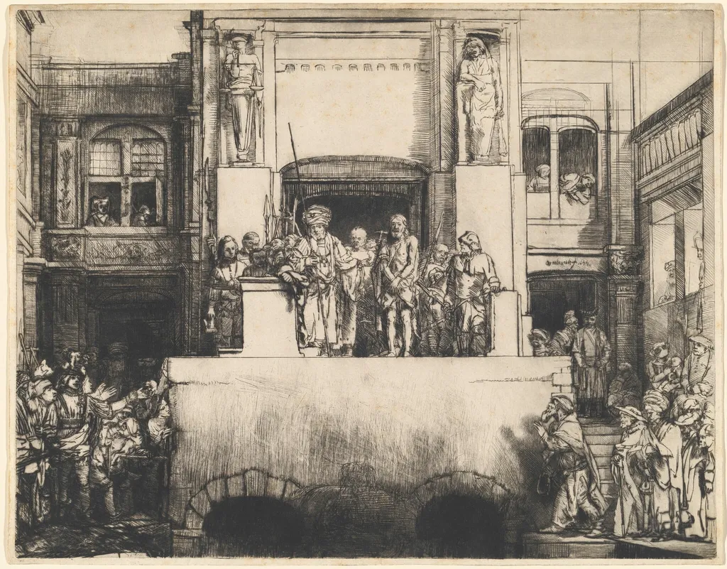 Christ Presented to the People: Oblong Plate, by Rembrandt, ink, 1655