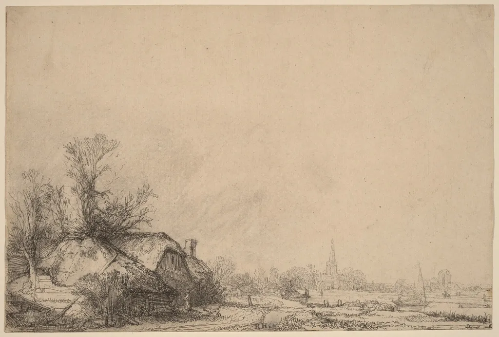 Cottage beside a Canal, by Rembrandt, ink, 1645