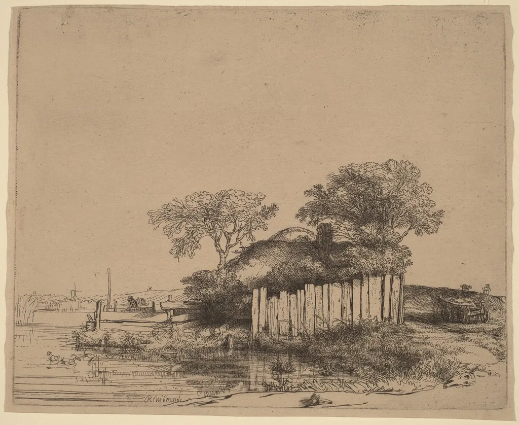 Cottage with a White Paling, by Rembrandt, ink, 1648