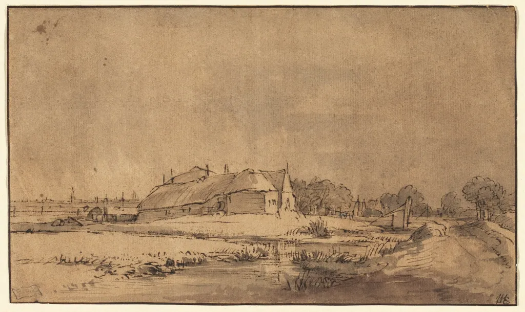 Cottages and Barn beside a Road, by Rembrandt, ink, 1650
