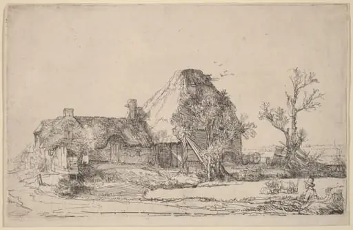 Cottages and Farm Buildings with a Man Sketching, by Rembrandt