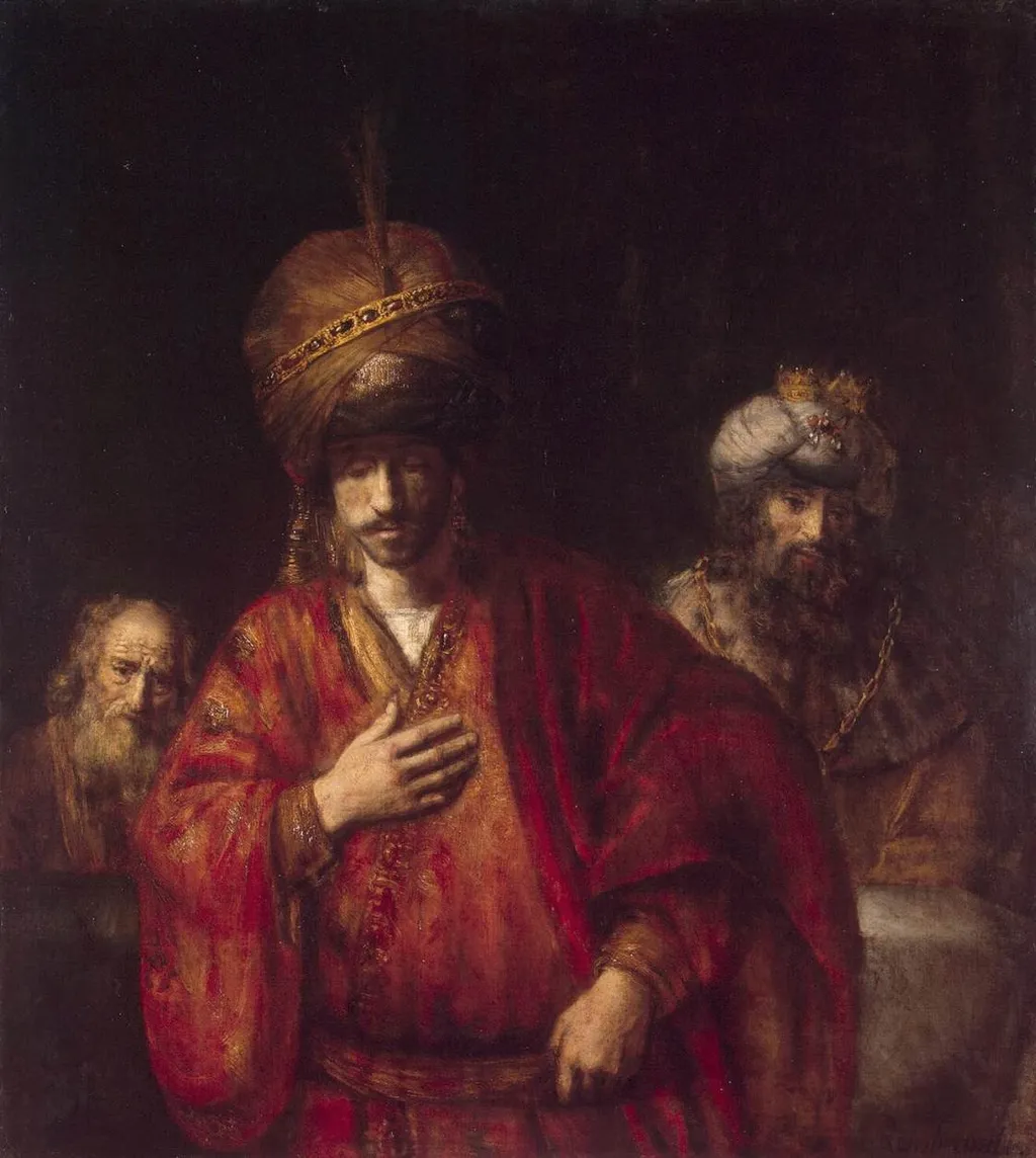 Haman recognizes his fate, by Rembrandt, oil, 1650
