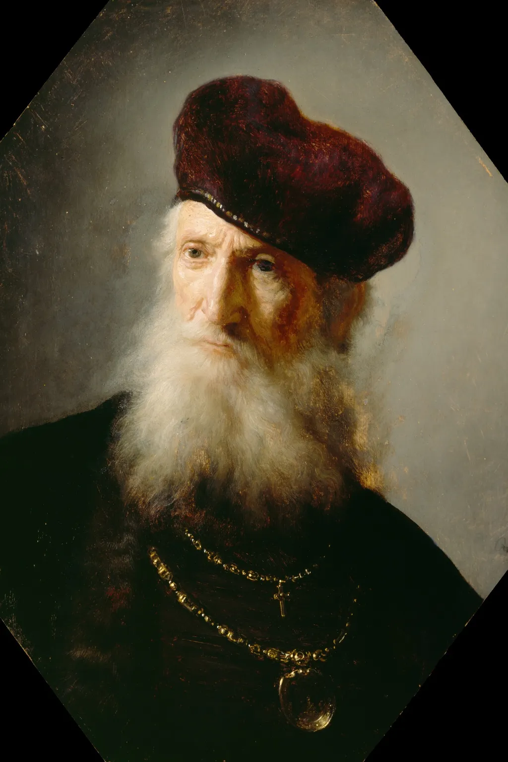 Head of a Bearded Old Man in High Beret, by Rembrandt, oil, 1630