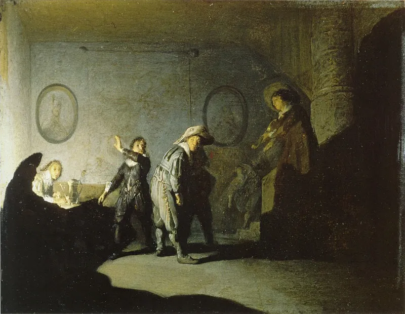 Interior with figures (La main chaude), by Rembrandt, oil, 1629