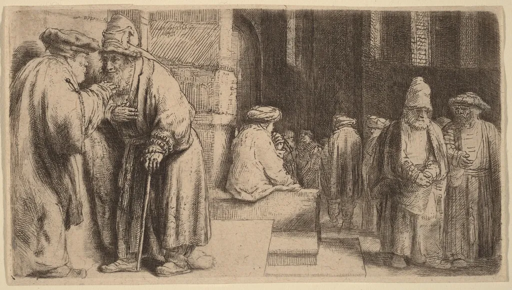 Jews in the Synagogue, by Rembrandt, ink, 1648
