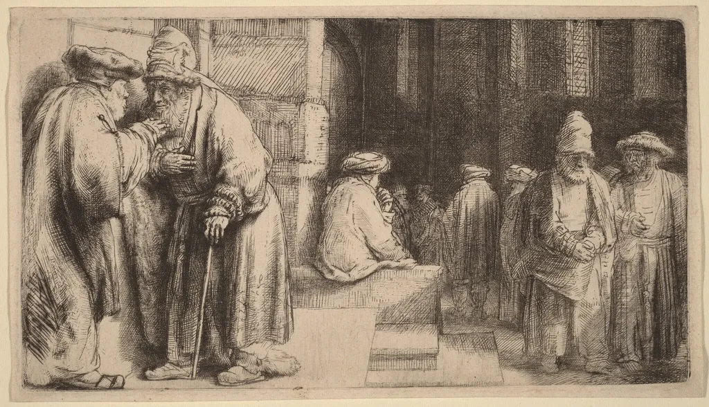 Jews in the Synagogue, by Rembrandt, ink, 1648