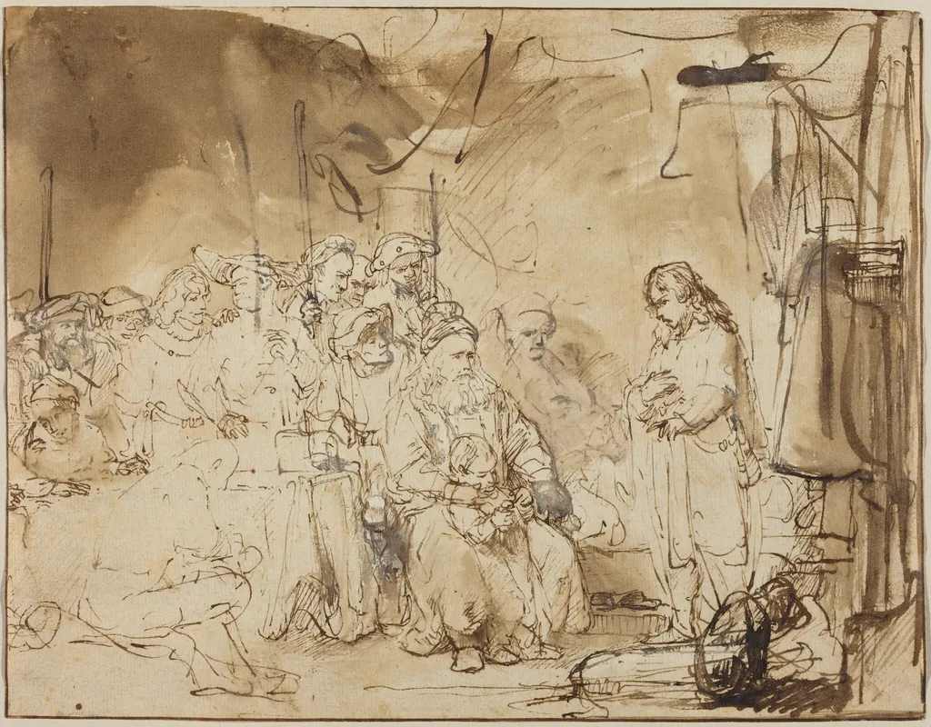 Joseph Recounting His Dreams, by Rembrandt, ink, 1644
