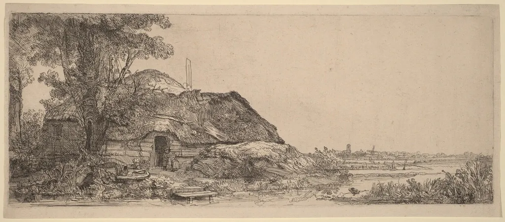Landscape with a Cottage and a Large Tree, by Rembrandt, ink, 1641