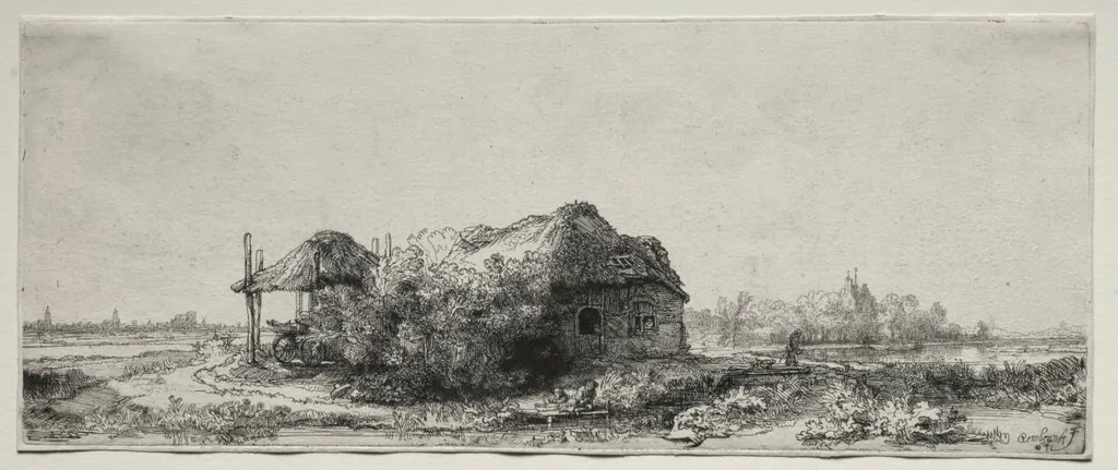 Landscape with a Cottage and Hay Barn: Oblong, by Rembrandt, 1641