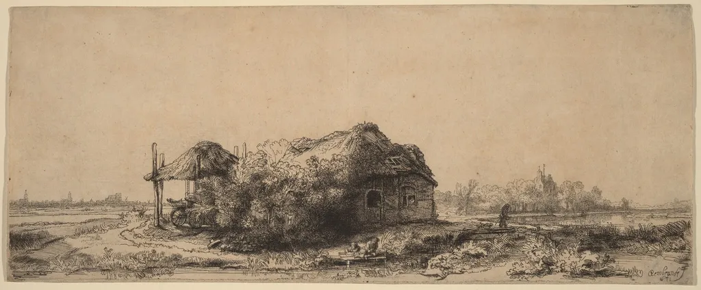 Landscape with a Cottage and Hay Barn: Oblong, by Rembrandt, ink, 1641