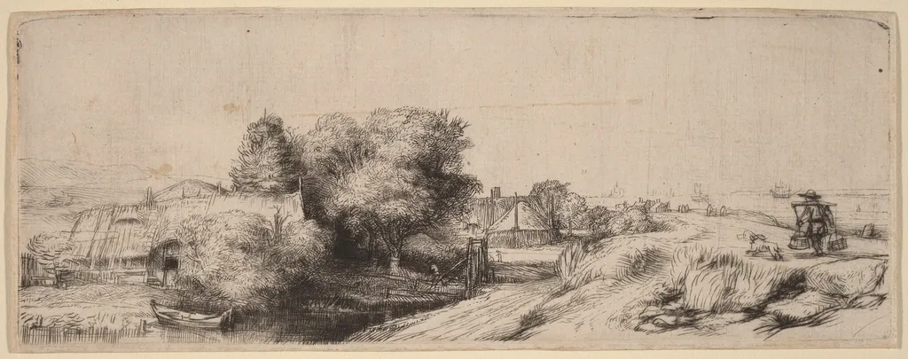 Landscape with a Milkman, by Rembrandt, ink, 1650