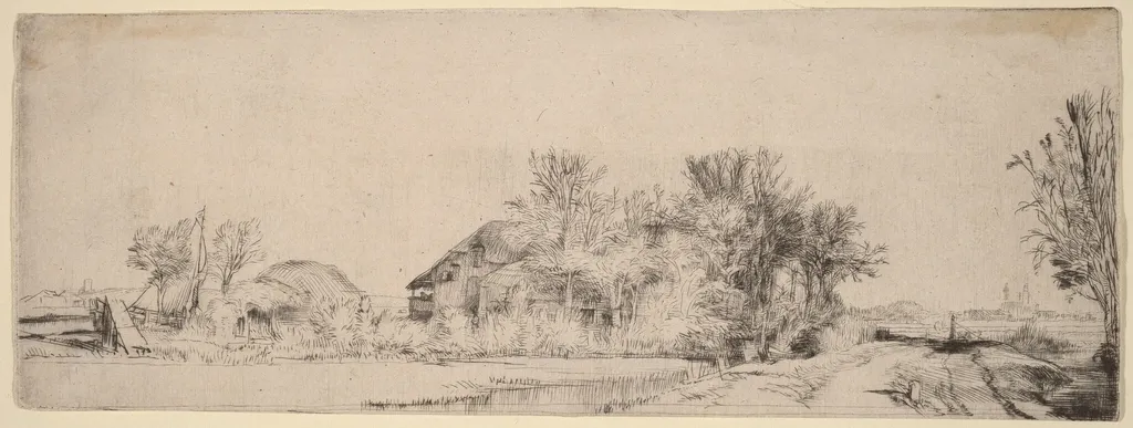 Landscape with a Road beside a Canal, by Rembrandt, ink, 1652
