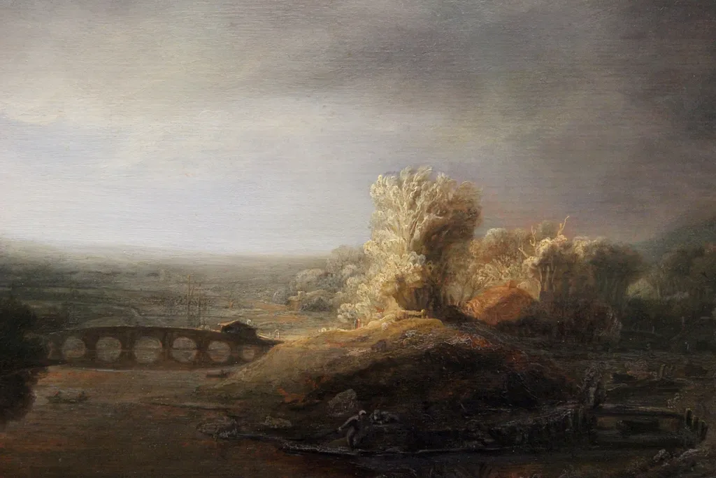 Landscape with a seven arched bridge, by Rembrandt, oil, 1638