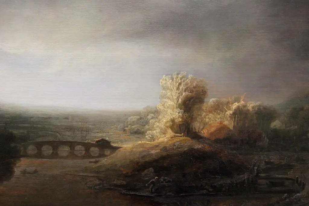 Landscape with a seven arched bridge, by Rembrandt