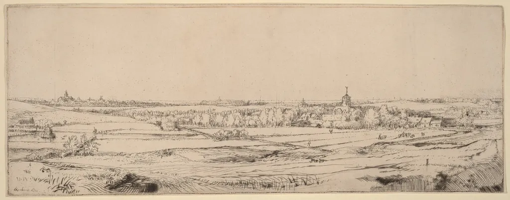 Landscape with a View toward Haarlem (The Goldweigher's Field), by Rembrandt, ink, 1651