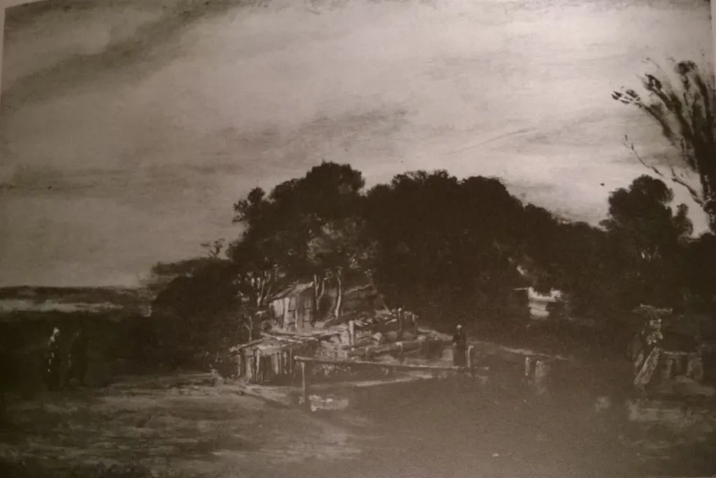 Landscape with cottages, by Rembrandt, oil, 1654