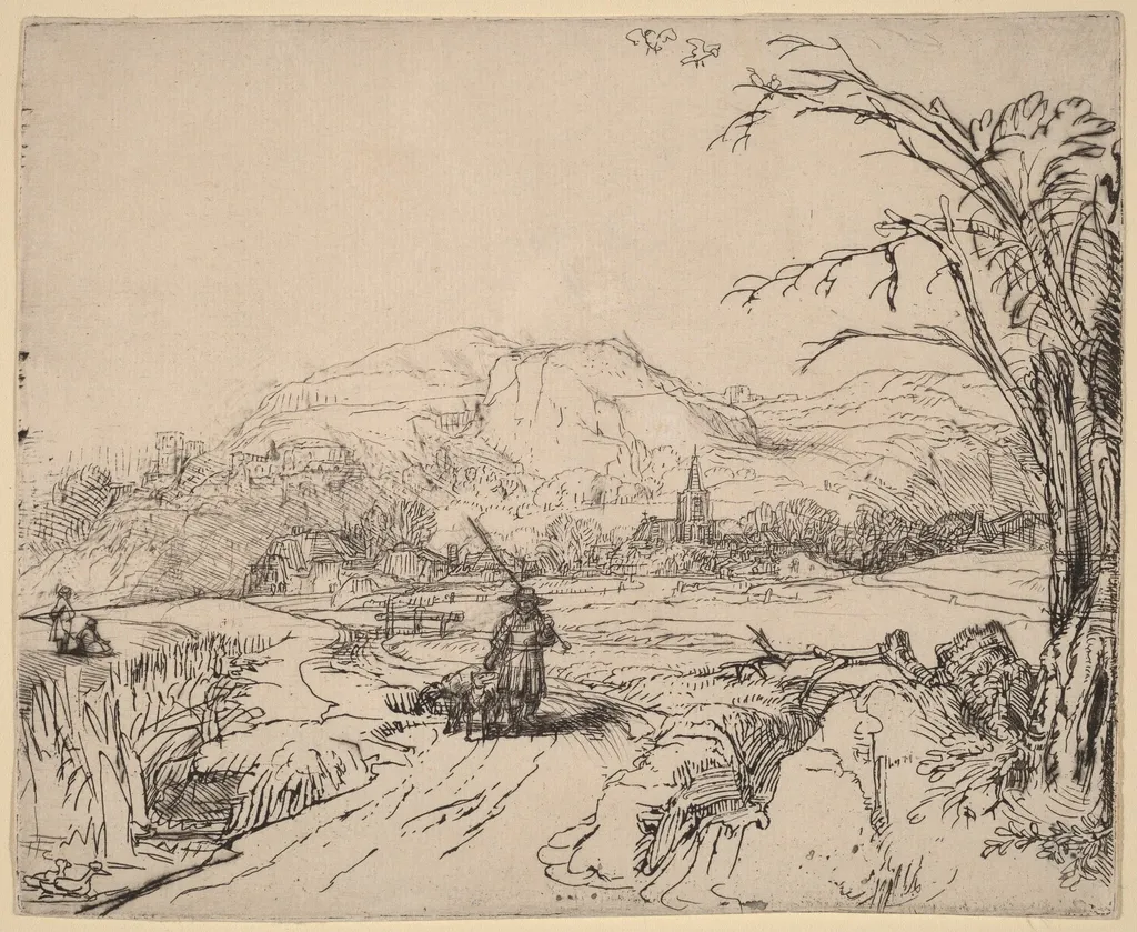 Landscape with Sportsman and Dog, by Rembrandt, ink, 1653