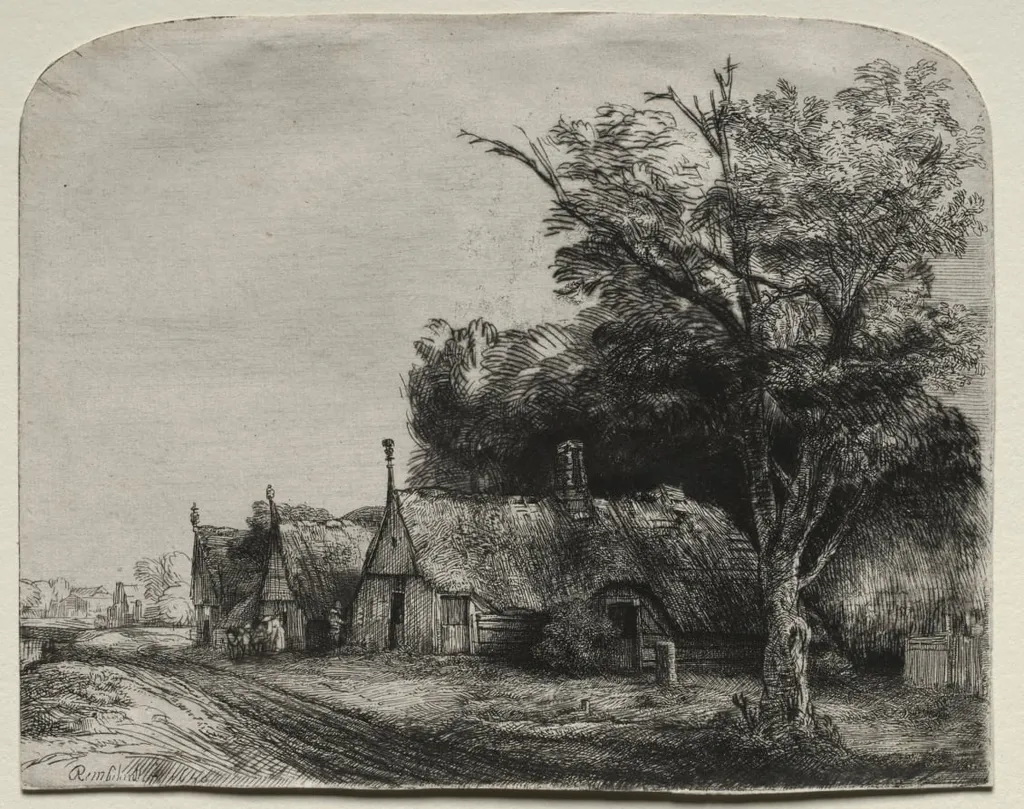 Landscape with Three Gabled Cottages beside a Road, by Rembrandt, 1650