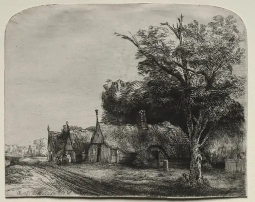 Landscape with Three Gabled Cottages beside a Road, by Rembrandt