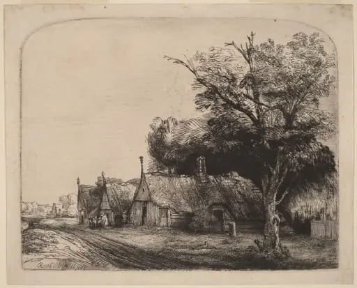Landscape with Three Gabled Cottages beside a Road, by Rembrandt