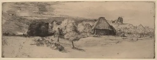 Landscape with Trees, Farm Buildings and a Tower, by Rembrandt