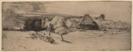 Landscape with Trees, Farm Buildings and a Tower, by Rembrandt