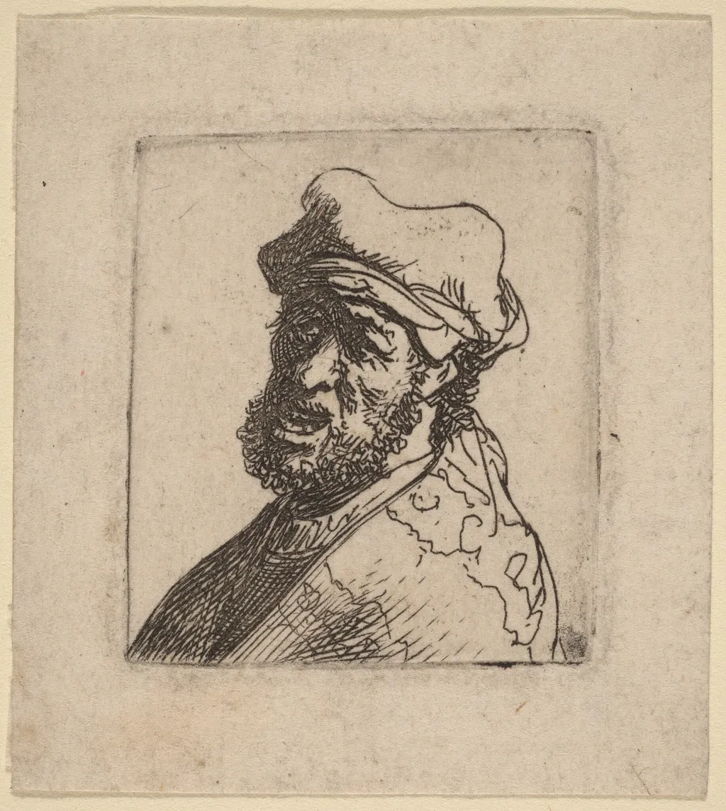 Man Crying Out, Three-Quarters Left, by Rembrandt, ink, 1630