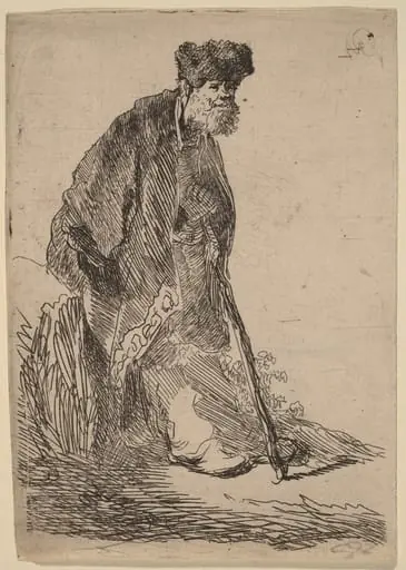Man in a Coat and Fur Cap Leaning against a Bank, by Rembrandt