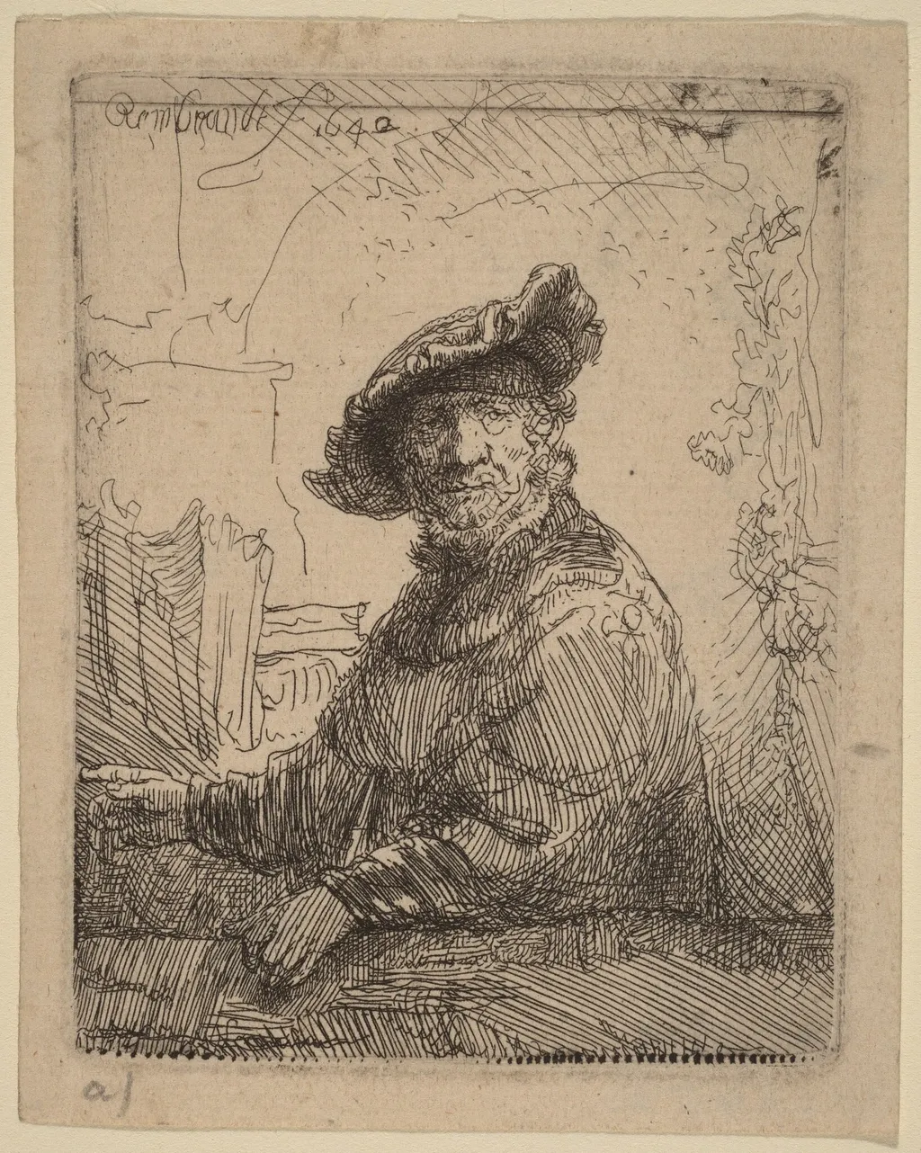Man in an Arbor, by Rembrandt, ink, 1642