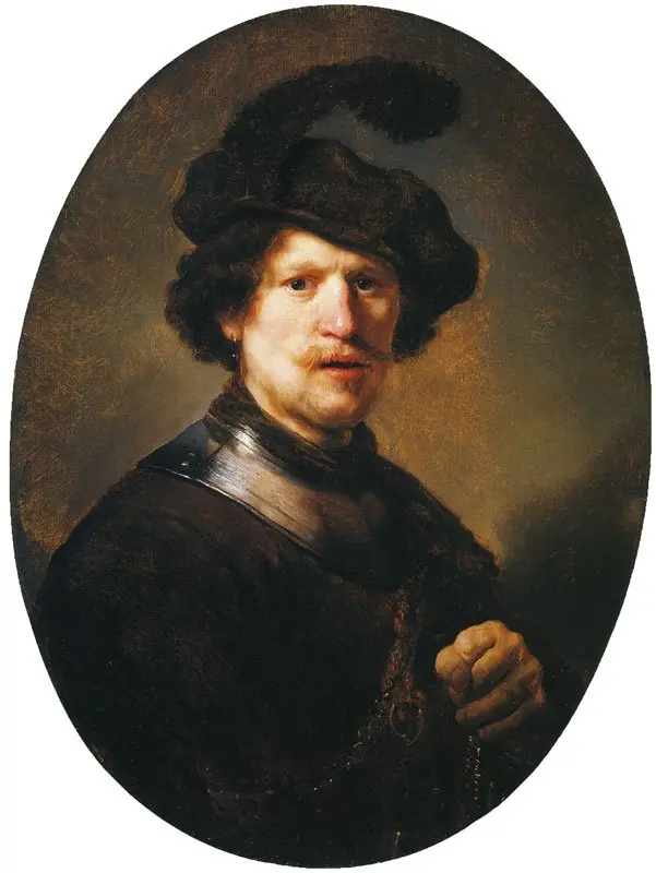 Man Wearing a Plumed Beret and Gorget, by Rembrandt