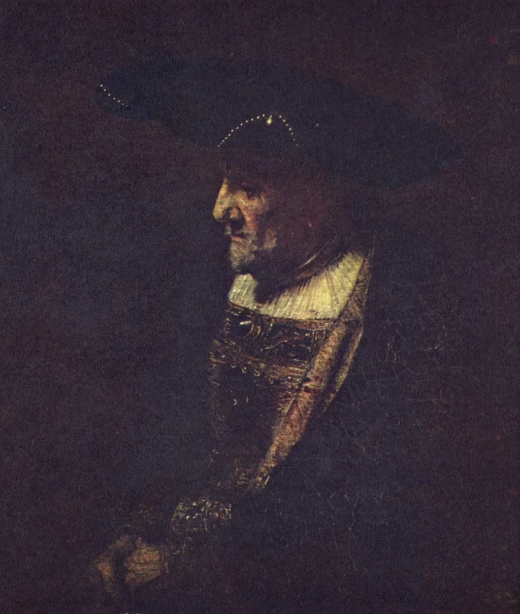Man with a hat decorated with pearls, by Rembrandt, oil, 1662
