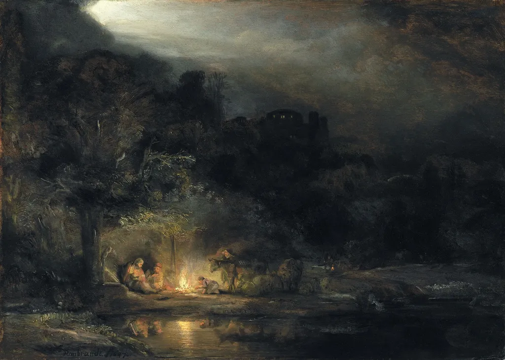 Nocturnal Landscape with the Holy Family resting on the flight into Egypt, by Rembrandt, oil, 1647