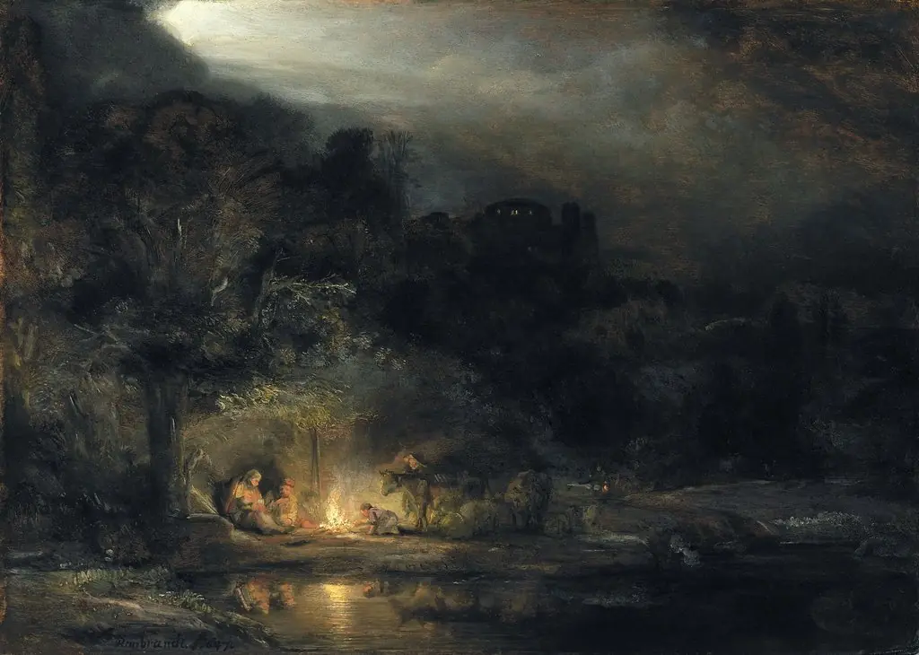 Nocturnal Landscape with the Holy Family resting on the flight into Egypt, by Rembrandt