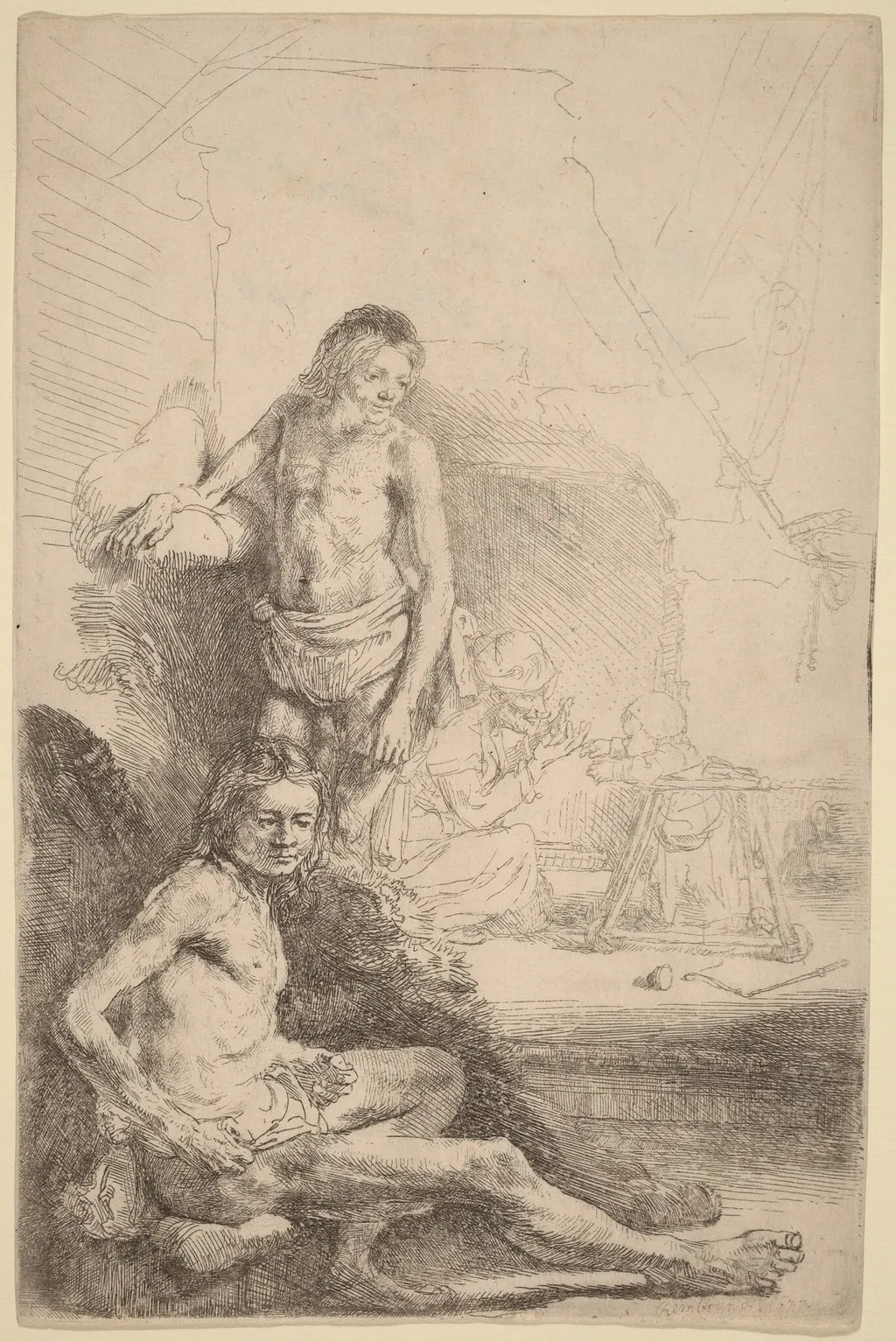 Nude Man Seated and Nude Man Standing, with a Woman and Baby in the Background, by Rembrandt, ink, 1646