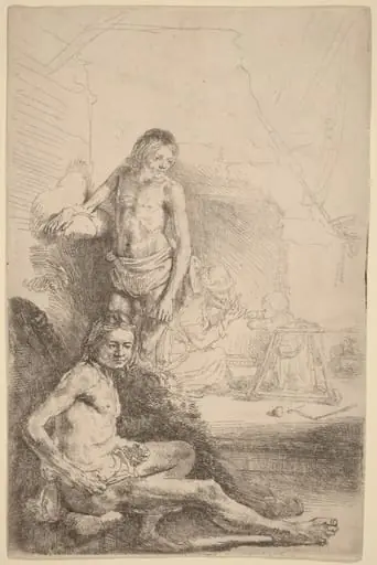 Nude Man Seated and Nude Man Standing, with a Woman and Baby in the Background, by Rembrandt