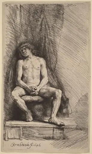 Nude Man Seated before a Curtain, by Rembrandt
