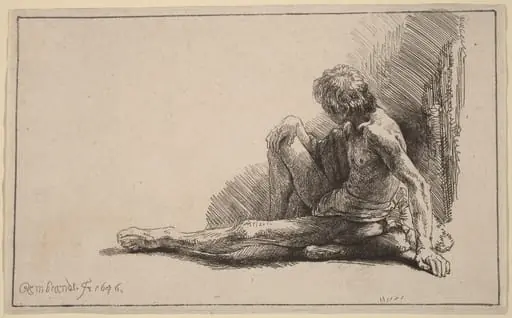 Nude Man Seated on the Ground with One Leg Extended, by Rembrandt