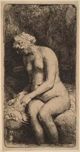 Nude Seated on a Bench with a Pillow (Woman Bathing Her Feet at a Brook), by Rembrandt
