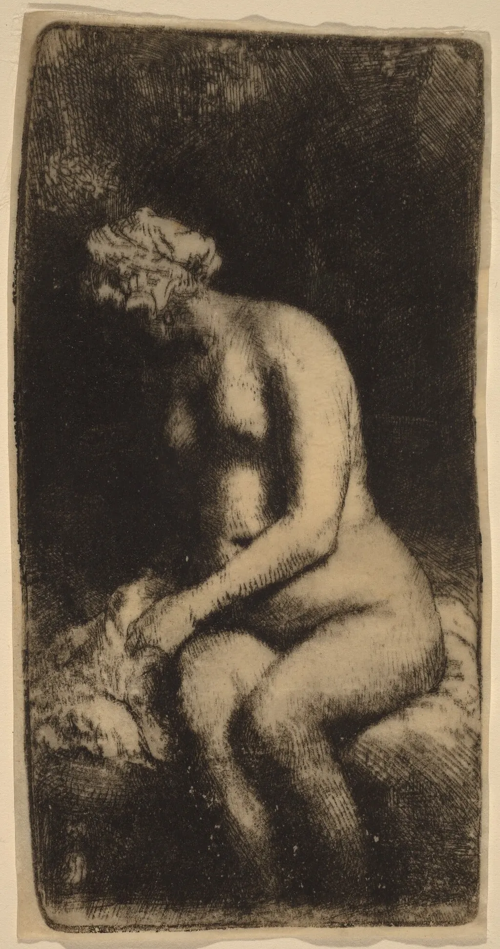 Nude Seated on a Bench with a Pillow (Woman Bathing Her Feet at a Brook), by Rembrandt, ink, 1658