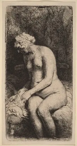 Nude Seated on a Bench with a Pillow (Woman Bathing Her Feet at a Brook), by Rembrandt